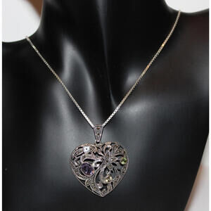 Vintage 925 Italy Sterling Silver Heart Pendant Necklace Multi Gem 24”